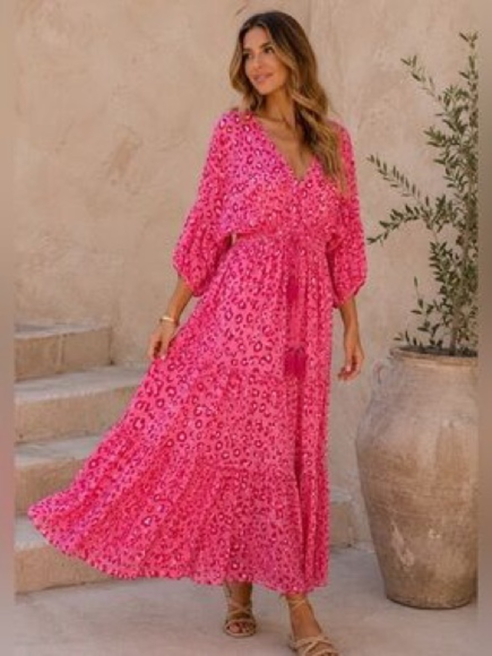 Abel The Label Sz 2XL Pink Leopard Print Boho Resort Midi Dress